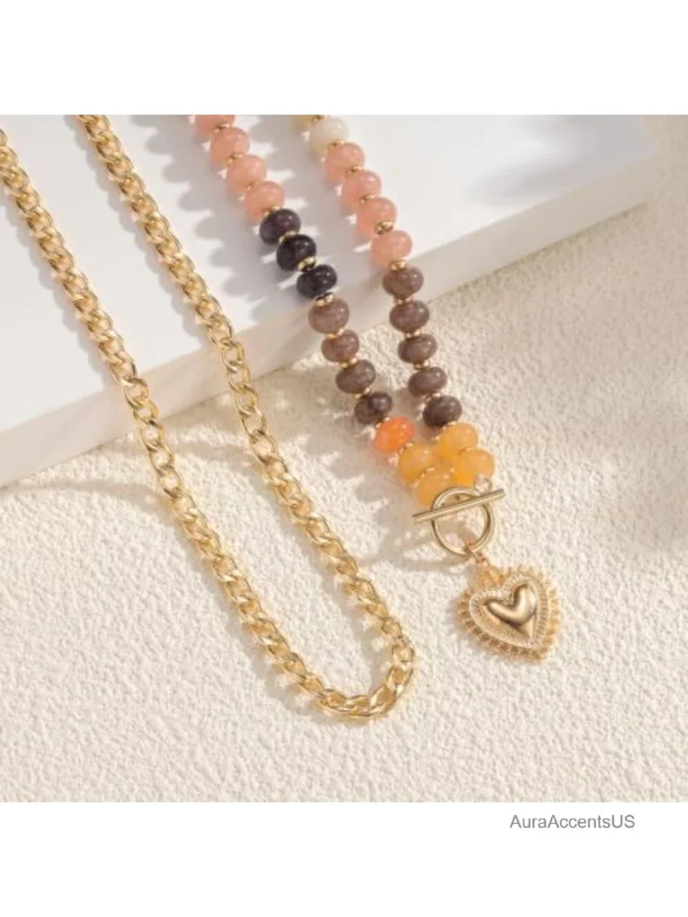 Layered Natural Stone Beaded Necklace Set Heart Charm